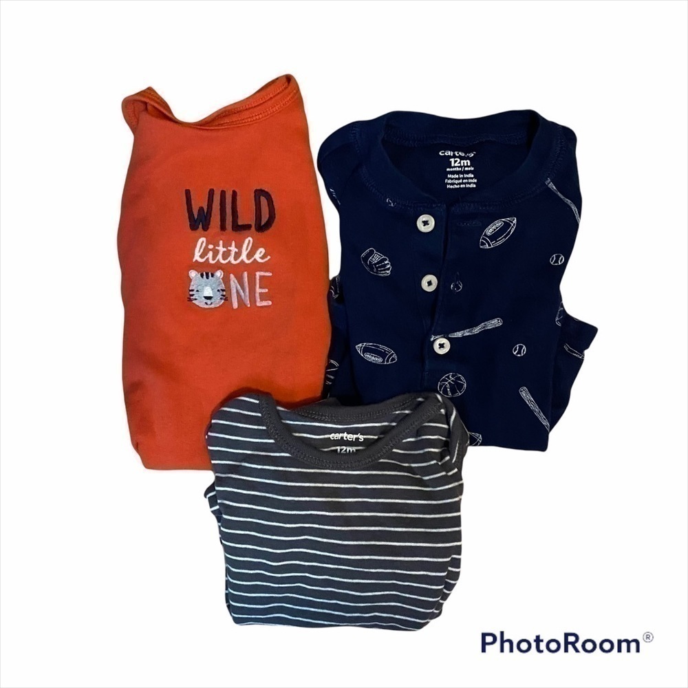 Carter’s 12 months Boy Onesie Bundle Blue Sports Orange Wild One Gray Striped